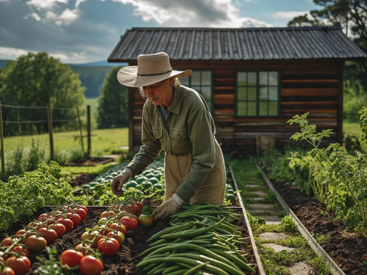 Una donna anziana con cappello di paglia cura un orto ordinato alla luce del mattino.