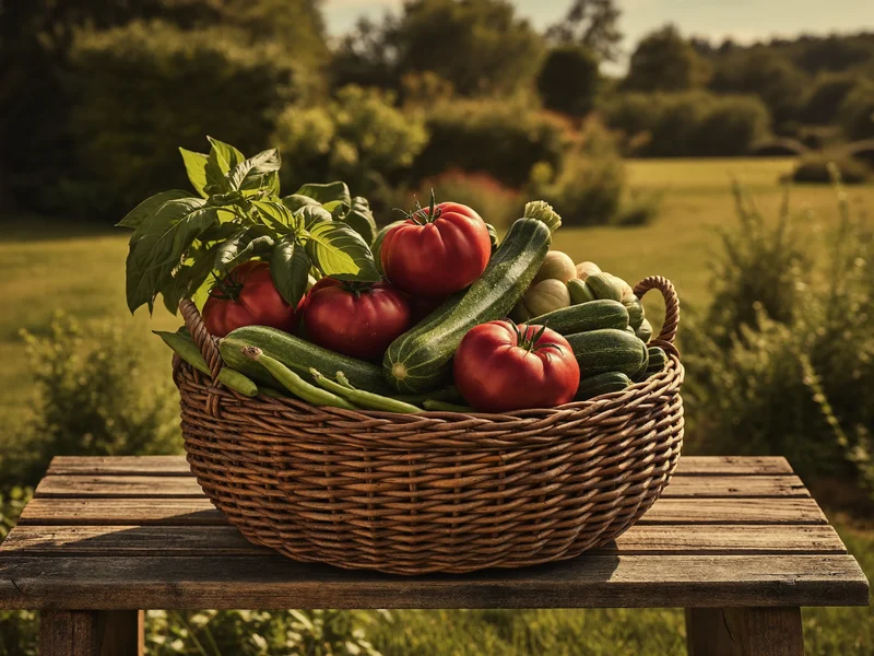 Cesto di vimini con pomodori, zucchine, fagiolini e basilico appena raccolti.